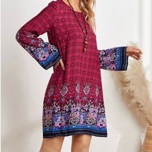 Paisley and Geo Print Trumpet Sleeve Tunic Dress